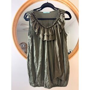 Pleione Blouse Women Olive Green Excellent Ruffle Neck Side Tie Bubble Hem